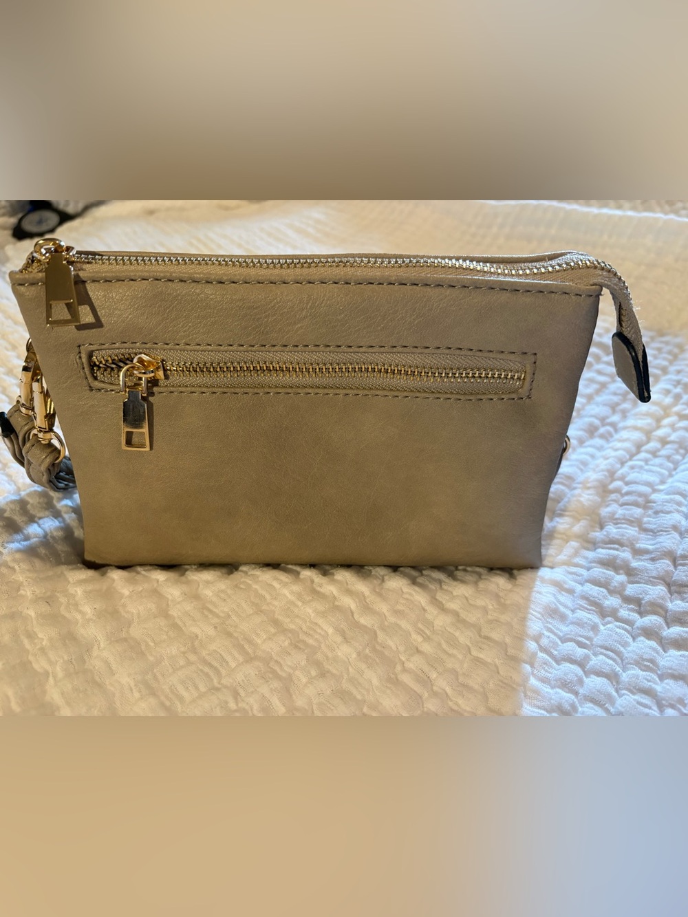 Taupe Three Pocket Zip-Top Women’s Bag. Use as Clutch or Crossbody.